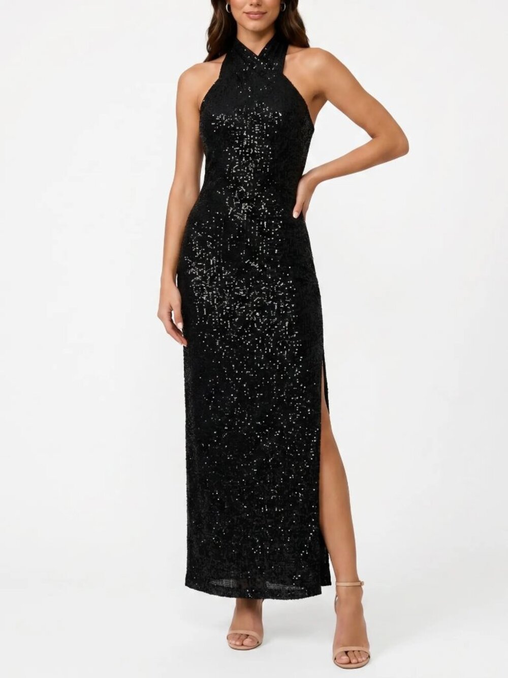 RACHEL Rachel Roy Harland Crossover Halter Maxi Dress- Black, Sequin, NWT